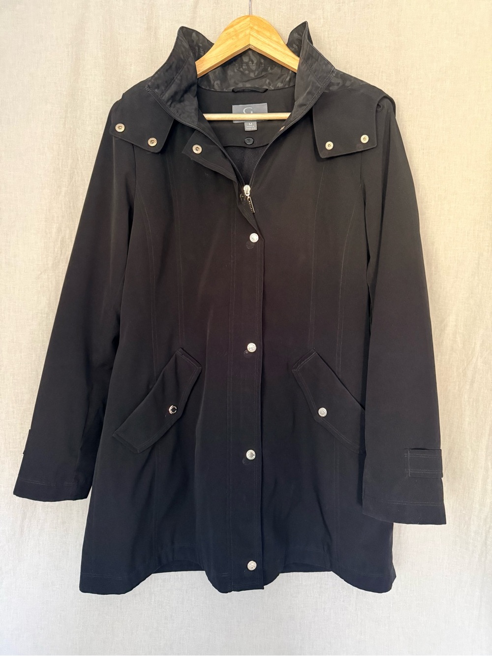 Classic Black Raincoat | Removable Lining & Hood | Zipper + Snap Closure